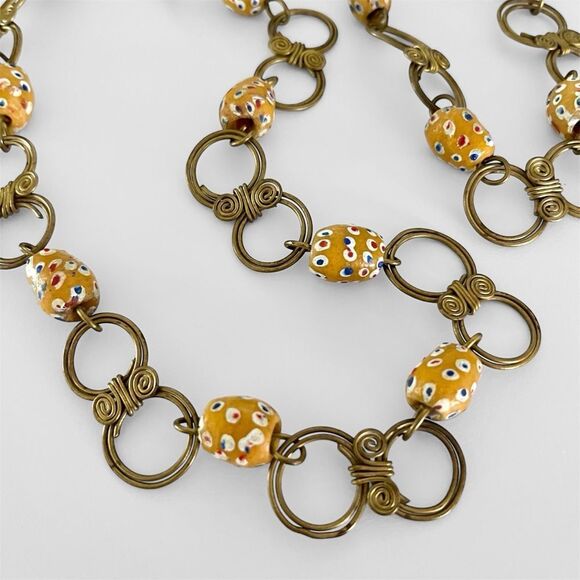 African Trade Bead Krobo Bead Decorative Brass Chain Necklace - Picture 3 of 4